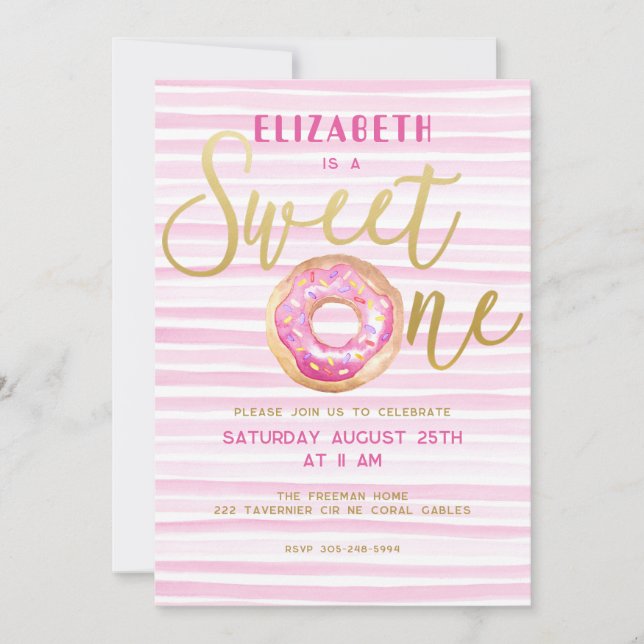 Invitation Sweet One Donut Stripe rose 1er anniversaire (Devant)