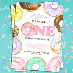 Invitation Sweet One Donuts 1er anniversaire fille aquarelle