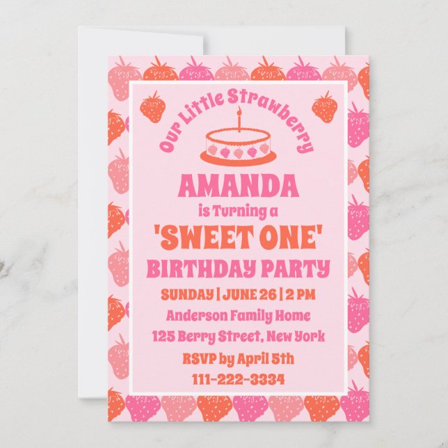 Invitation Sweet One : Fraise rétro Premier Anniversaire (Devant)