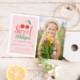 Invitation Sweet One Girl Birthday Cherry Summer Photo