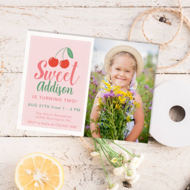 Invitation Sweet One Girl Birthday Cherry Summer Photo (Créateur téléchargé)