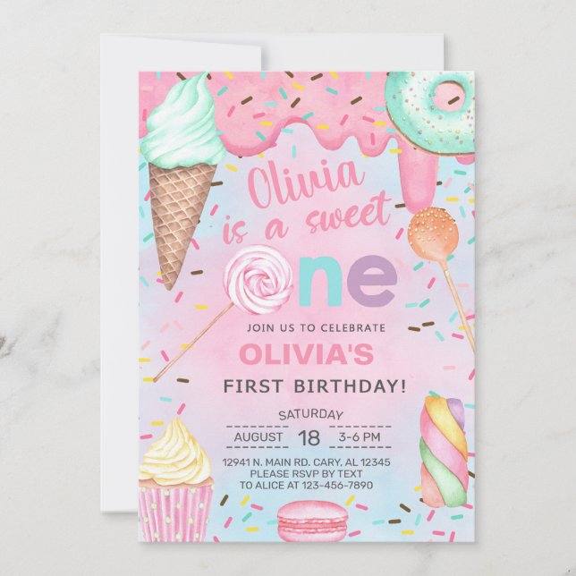 Invitation Sweet One girl first, 1er anniversaire invitation. (Devant)