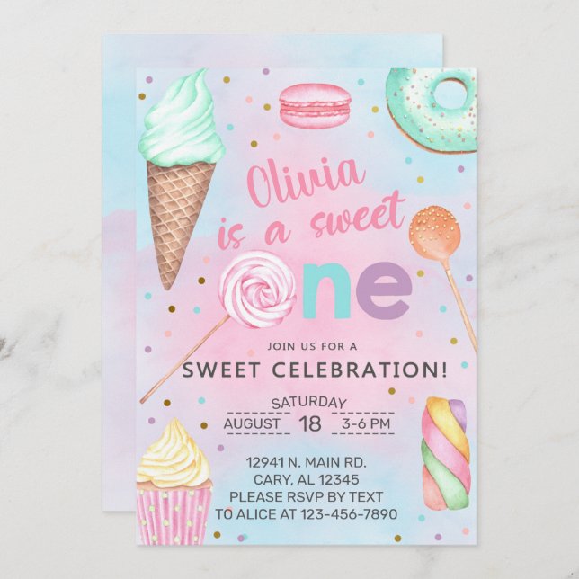 Invitation Sweet One girl first, 1er anniversaire invitation. (Devant / Derrière)
