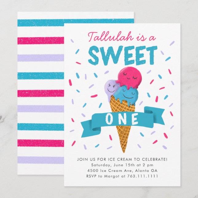 Invitation Sweet One Ice Cream Enfants 1er anniversaire fête (Devant / Derrière)