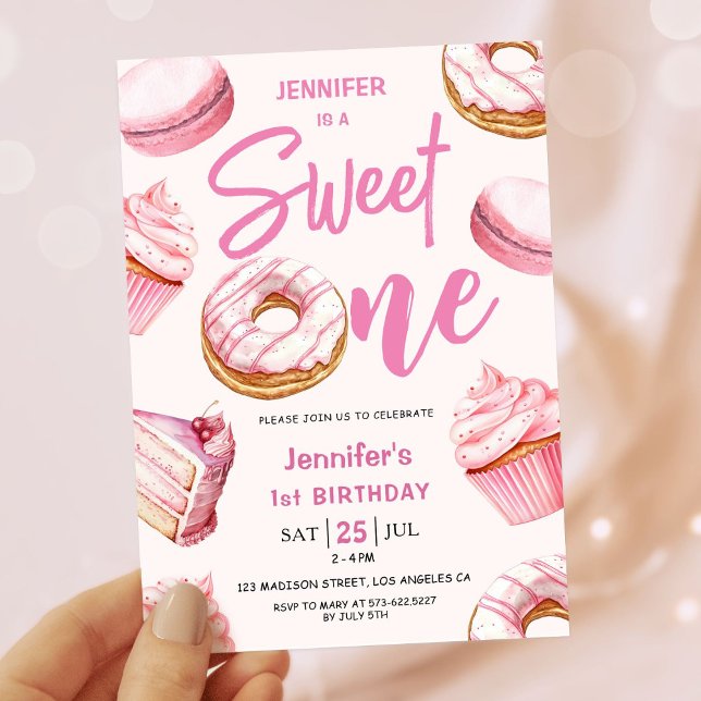 Invitation Sweet One mignonne Donuts Rose Girl 1er anniversai (Créateur téléchargé)