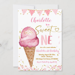 Invitation Sweet One Pastel Crème de glace rose 1er anniversa