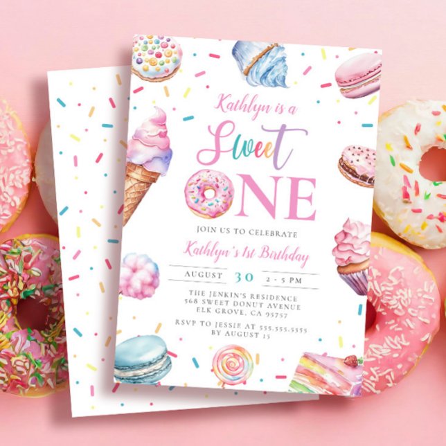 Invitation Sweet One Pastel Pink Donut Candy premier annivers (Créateur téléchargé)