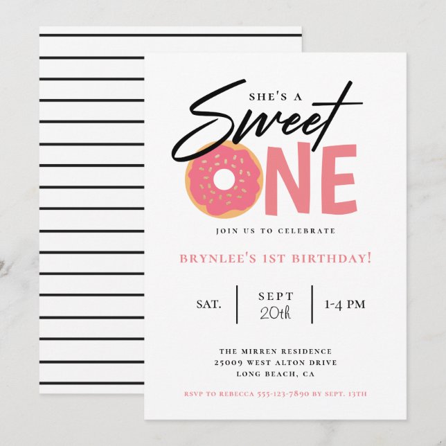 Invitation Sweet One Pink Donut 1ère fête d'anniversaire (Devant / Derrière)