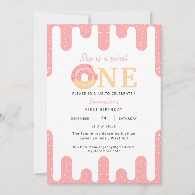 Invitation Sweet One Pink Donut Girl 1er anniversaire (Devant)