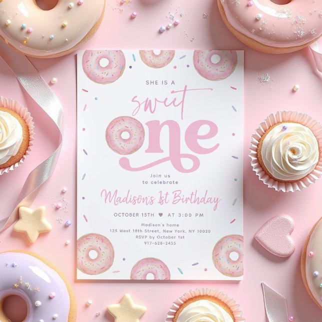 Invitation Sweet One Pink Pastel Donut premier anniversaire (Créateur téléchargé)