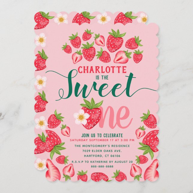 Invitation Sweet One Pink Strawberry Cute 1er Anniversaire (Devant / Derrière)