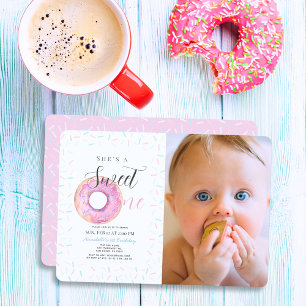 Invitation Sweet One Rose Donut Girl Photo 1er anniversaire