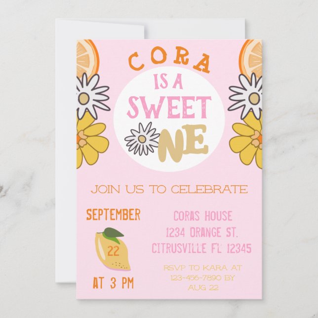 Invitation Sweet One Rose Fruit Premier Anniversaire Photo (Devant)