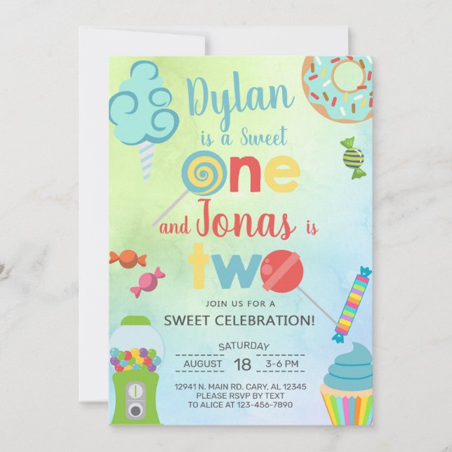 Invitation Sweet One siblings first, 1er anniversaire invitat (Devant)
