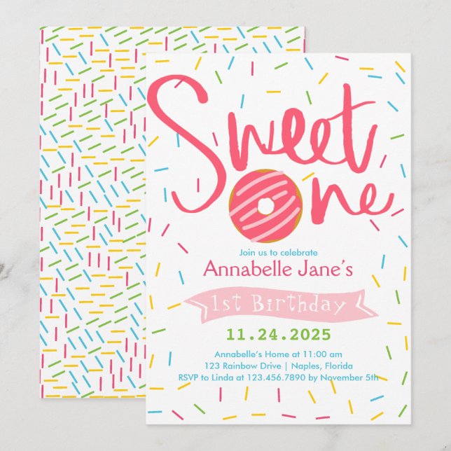 Invitation Sweet One Sprinkles fête d'anniversaire (Devant / Derrière)
