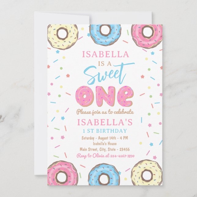 Invitation Sweet One Sprinkts Donut 1er anniversaire fête (Devant)