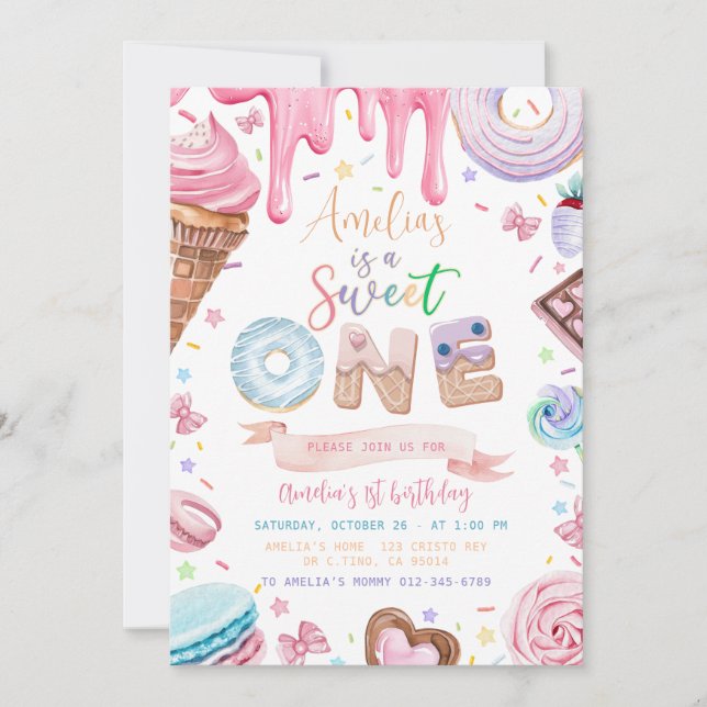 Invitation Sweet one Sweets Dessert Donut Candy Anniversaire (Devant)