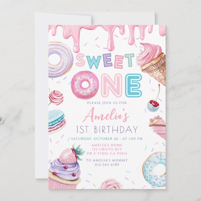 Invitation Sweet one Sweets Dessert Donut Candy Anniversaire (Devant)