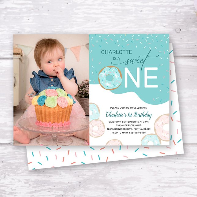 Invitation Sweet One Turquoise Frosting photo Girl 1er annive (Créateur téléchargé)