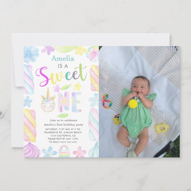 Invitation Sweet One Unicorn Sweets Photo 1er anniversaire (Devant)