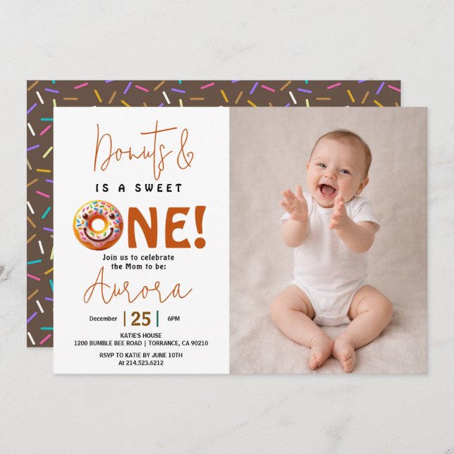 Invitation  Sweet One watercolor donut 1st birthday (Devant / Derrière)