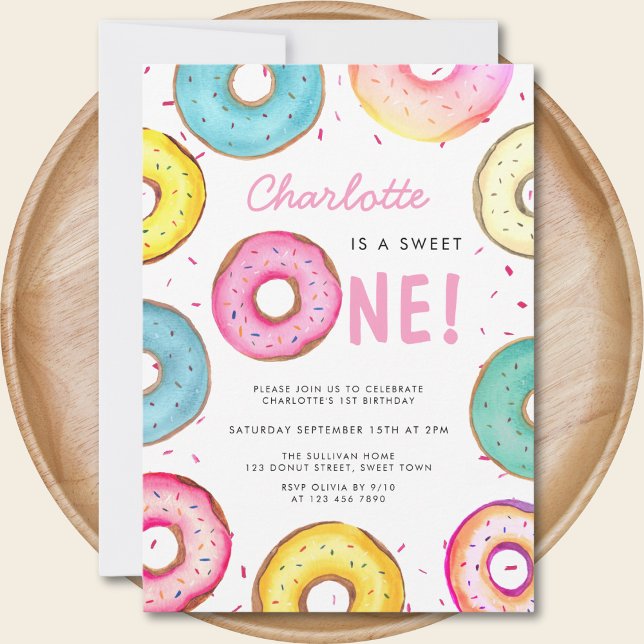 Invitation Sweet One Watercolor mignonne Donuts 1er anniversa (Créateur téléchargé)