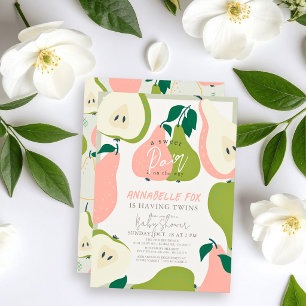 Invitation Sweet Pair rose et vert Baby shower jumeaux poire