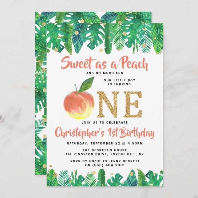Invitation Sweet Peach Boys 1er anniversaire (Devant / Derrière)