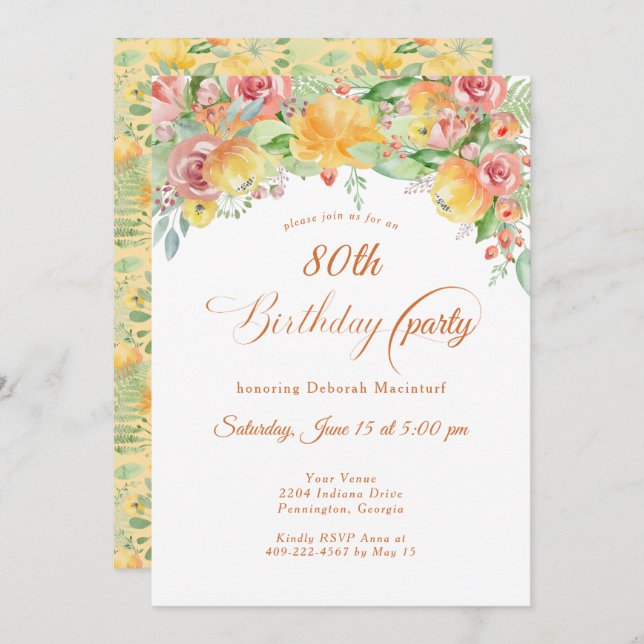 Invitation Sweet Peach Roses Floral 80e (Devant / Derrière)