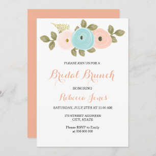 Invitation Sweet Peach Turquoise Floral Bridal Brunch Invitat