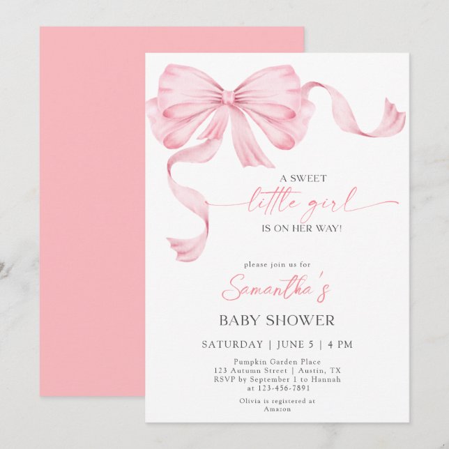 Invitation Sweet Petite fille Bow Coquette Baby shower fronta (Devant / Derrière)