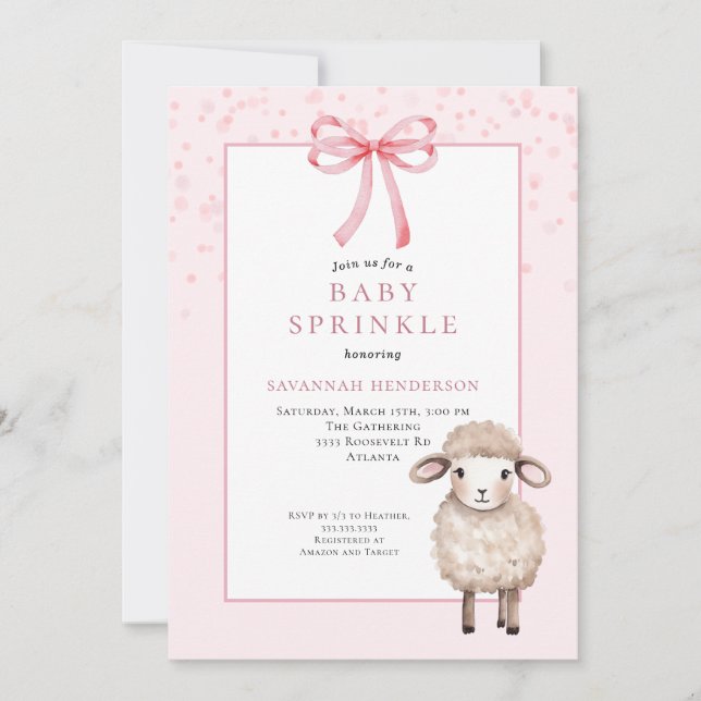 Invitation Sweet Pink Baby Sprinkle with Bow & Cute Lamb  (Devant)