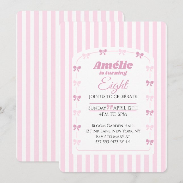 Invitation Sweet Pink Bow Coquette 8th Birthday Party (Devant / Derrière)