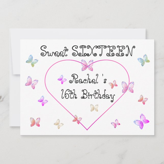 Invitation sweet Pink Heart Butterflies Sweet 16 Birthday  (Devant)