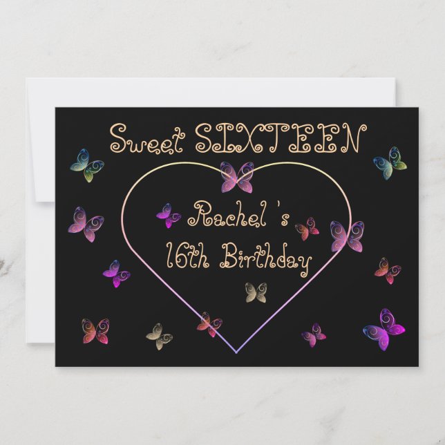 Invitation sweet Pink Heart Butterflies Sweet 16 Birthday  (Devant)
