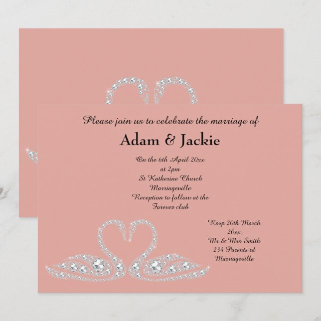 INVITATION SWEET PINK PEACH SWAN ELEGANT MARIAGE (Devant / Derrière)