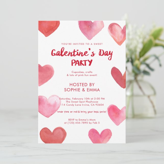 Invitation Sweet Pink Watercolor Hearts Galentine’s Day Party (Debout devant)