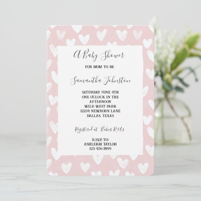 Invitation Sweet Pink White Hearts Baby Shower (Debout devant)