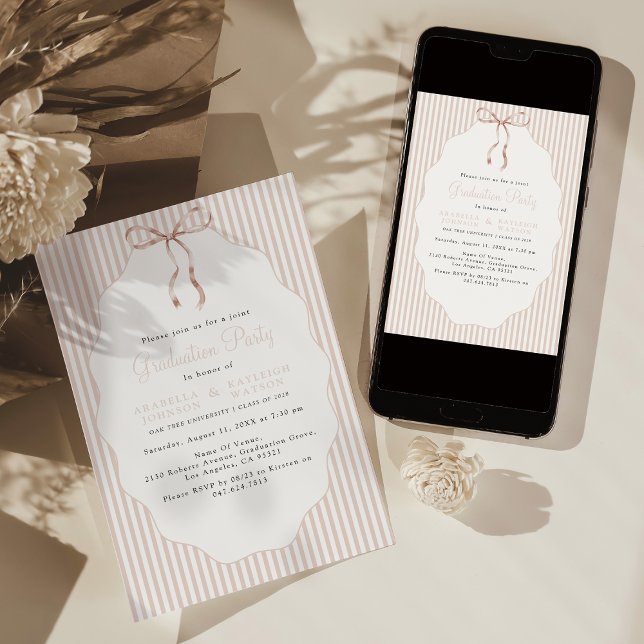 Invitation Sweet Pinstriped Beige Bow Joint Graduation (Créateur téléchargé)