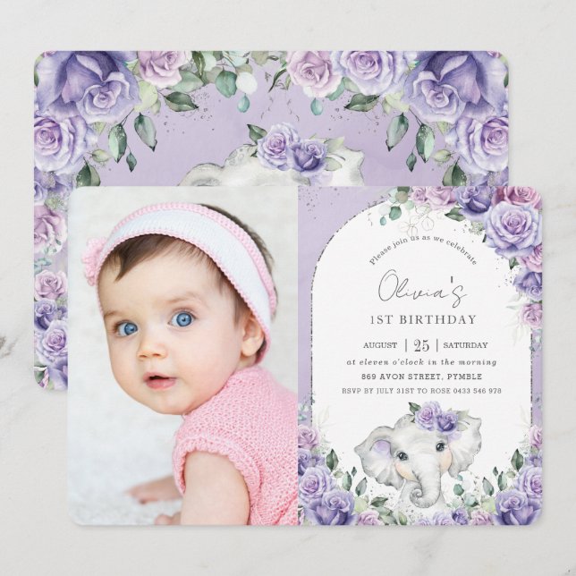 Invitation Sweet Purple Lilac Floral Elephant Anniversaire Ph (Devant / Derrière)