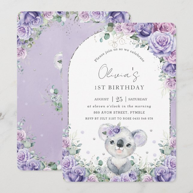 Invitation Sweet Purple Lilac Floral Koala fête d'anniversair (Devant / Derrière)