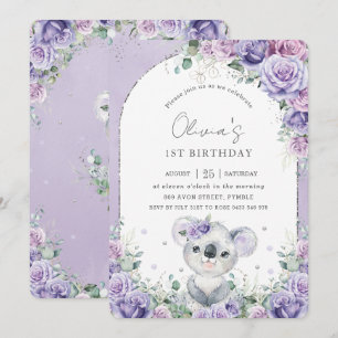 Invitation Sweet Purple Lilac Floral Koala fête d'anniversair