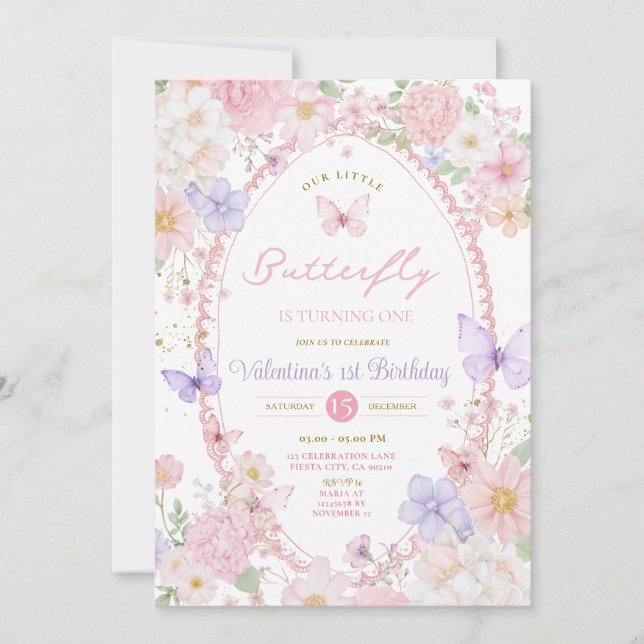 Invitation Sweet Purple Pink Our Little Butterfly Birthday (Devant)