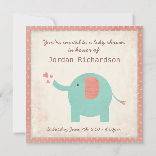 Invitation Sweet Retro Unisex Elephant Baby shower (Devant)