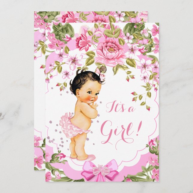 Invitation Sweet rose Floral Rose Baby shower fille Brunette (Devant / Derrière)