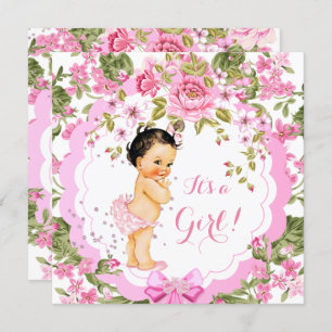 Invitation Sweet rose Floral Rose Baby shower fille Brunette
