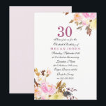 Invitation Sweet Rose Floral Script 30e anniversaire Invitati<br><div class="desc">Sweet Pink Floral Script 30th Birthday Invitation Belle peinture à l'aquarelle design floral Floral Bouquet,  floral rustique Voir notre assortiment ci-dessus Design avec l'aimable autorisation de : https://www.etsy.com/shop/SmallHouseBigPony</div>