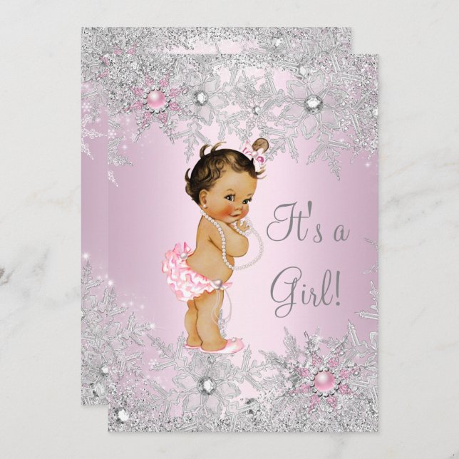Invitation Sweet Rose Girl Baby shower Flamme de neige hiver (Devant / Derrière)