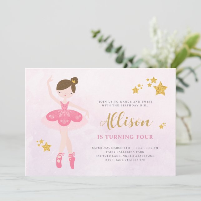 Invitation Sweet Rose & Or Ballerina Anniversaire (Debout devant)