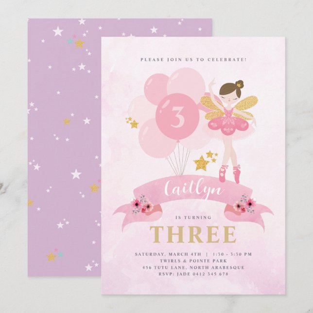 Invitation Sweet Rose & Or Ballerina Fairy Anniversaire (Devant / Derrière)